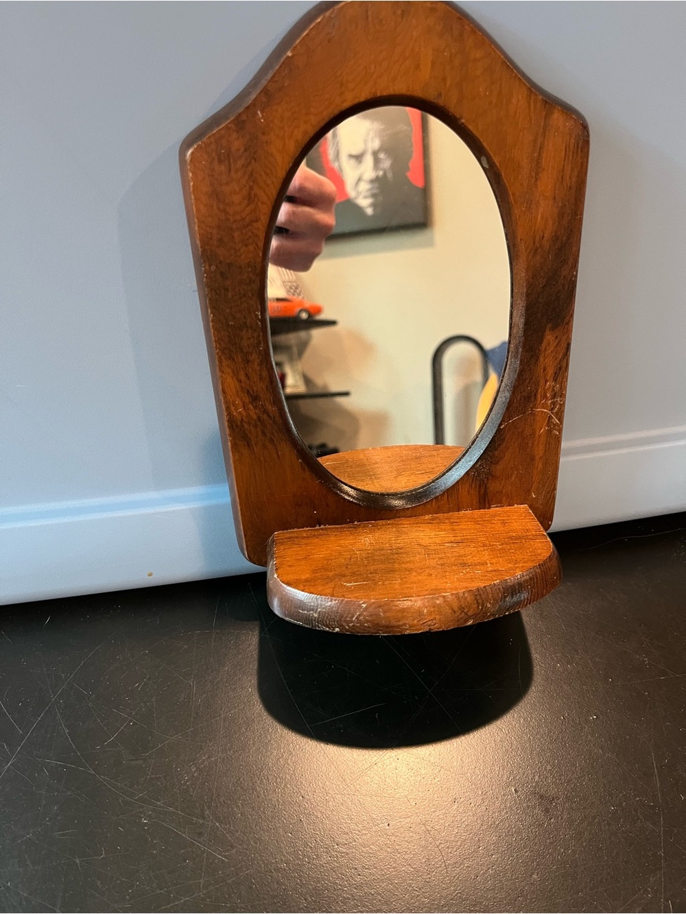 Vintage Wooden Oval Mirror with Small Shelf - Brown - see pics for markings